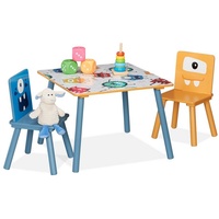 relaxdays Kindersitzgruppe 3-teilige Kindersitzgruppe Monster-Motiv blau|gelb|weiß