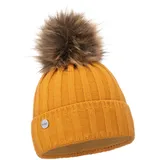 ELIMELI Kaschmir Mütze Damen Winter warme Strickmütze Wollmütze mit Kaschmir Wintermütze mit Kunstfell Bommel Slouch Strick Beanie Damen für Winter Bommelmütze Hergestellt in EU (Senfgelb) - Einheitsgröße