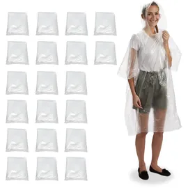 Relaxdays Regenponcho 20er Set, Einmal Regencape mit Kapuze, Erwachsene, Notfallponcho Damen, Herren, transparent