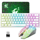 2.4GHz Tastatur Maus Gaming Set Kabellos Beleuchtet, 61 Tasten Regenbogen 3800mAh Wederaufladbare Mechanische Feel Tastatur, 2400 DPI Regenbogenlicht-LED 6 Tasten Maus, Kompatibel PC - Weiß