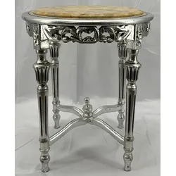 Casa Padrino Barock Beistelltisch Silber / Creme - Handgefertigter Antik Stil Massivholz Tisch mit Marmorplatte - Wohnzimmer Möbel im Barockstil - Antik Stil Möbel - Barock Einrichtung - Barock Möbel