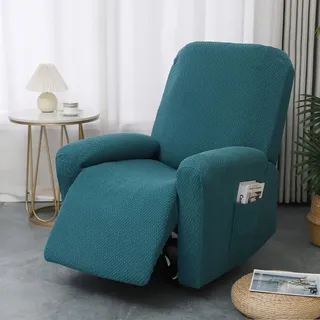 Hearda sesselschoner für Relaxsessel 1 Sitzer, 4-Teilig Jacquard Grün Sesselschoner für Fernsehsessel und Relaxsessel mit Taschen, Stretch Sesselbezug mit armlehne