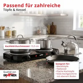 Grafner Doppelkochplatte 2000 Watt 2 Massekochfelder Ø 155 mm stufenlose Temperatureinstellung Schwarz/Weiß