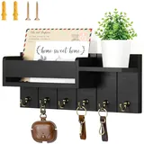 Bocguy Schlüsselbrett mit Ablage, Schlüsselbrett Holz mit 6 Haken, Schlüsselboard Dekoratives, Schlüsselhalter Wand, Schlüsselaufhänger, Schlüsselablage für Eingang Wohnzimmer Flur Büro(Schwarz)