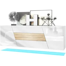 Vladon Sideboard 178 x 57,5 x 38,5 cm Weiß matt/Weiß Hochglanz/Eiche Natur