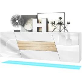 Vladon Sideboard 178 x 57,5 x 38,5 cm Weiß matt/Weiß Hochglanz/Eiche Natur