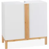 Relaxdays Waschbeckenunterschrank, 2 Fächer, Badschrank MDF & Bambus, Waschbeckenschrank HBT 60,5x60x30,5cm, Weiß/Natur