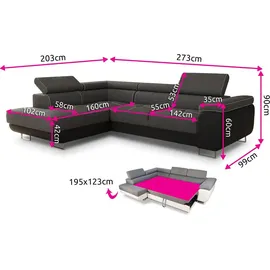 Sofnet Ecksofa Caris Schlaffunktion und einstellbare Kopfstützen, Wohnlandschaft mit Bettkasten, Couch, Sofa, (Schwarz (Kronos 07),