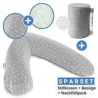 Theraline 4-tlg. Stillkissen Sparset Das Original 190 cm inkl. 2 Bezügen + Mikroperlen-Nachfüllpack 9,5 l - Leaves & Pusteblume