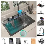 Faizee Möbel - Küchenspüle Nano 75x46cm - Wasserfallspüle aus hochwertigem Edelstahl mit ausziehbarem Wasserhahn und Zubehör