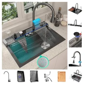 Faizee Möbel - Küchenspüle Nano 75x46cm - Wasserfallspüle aus hochwertigem Edelstahl mit ausziehbarem Wasserhahn und Zubehör