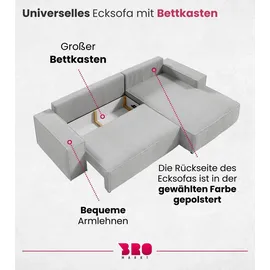 bromarkt Ecksofa PABLO Schlaffunktion Bettkasten L-Form 294x185x85cm Hellgrau Links - Hellgrau