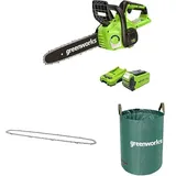 Greenworks Akku Kettensäge mit Akku und Ladegerät, 12 Zoll (30 cm) Blattlänge 40V 2Ah Akku + Greenworks 30cm Ersatzkette für Kettensäge + Greenworks 120l Gartenabfallsack