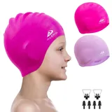 Alepo 2 Pack Badekappe Kinder Mädchen Jungen, Bademütze Langlebige Silikon Badekappe mit 3D-Ohrenschutz, schwimmkappe Lange Haare im Alter von 3–15 Jahren, Nasenclip-Rose Rot & Violett