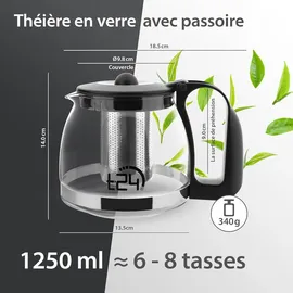 t24 Teekanne aus Glas 1250 ml & Hitzebeständig mit Edelstahl Teesieb - Schwarz