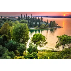 Fototapete PAPERMOON "GARTEN AM SEE MIT PINIEN", bunt, B:3,50m L:2,60m, Vlies, Tapeten