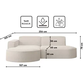 kaiser möbel Ecksofa Sofa L form, Couch L form MODENA STUDIO stoff Verita Ecru, Links