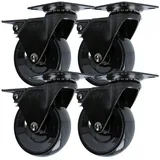 MS Beschläge 4er Pack Hartboden-Möbelrolle Design Lenkrolle Schwarz 75mm mit Feststellbremse