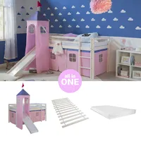 Hochbett Kinder 90x200 cm Matratze Rutsche Turm Bett Lattenrost Rosa Homestyle4u