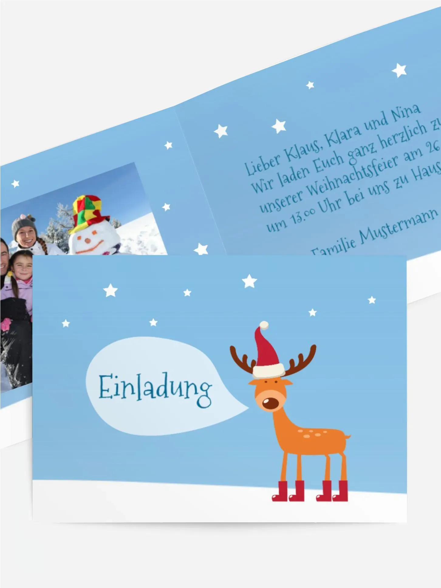 Foto Weihnachtseinladung selbst gestalten mit Spruch und Fotos im Onlinedesigner bei Meine-Kartenmanufaktur.de