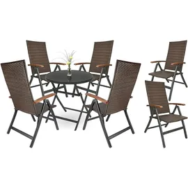 Brubaker Garten Sitzgruppe Modena - 1 Glastisch Klapptisch rund 70 cm Ø mit 6 Polyrattan Stühlen - Wetterfest - Braun/Anthrazit - Braun/Grau