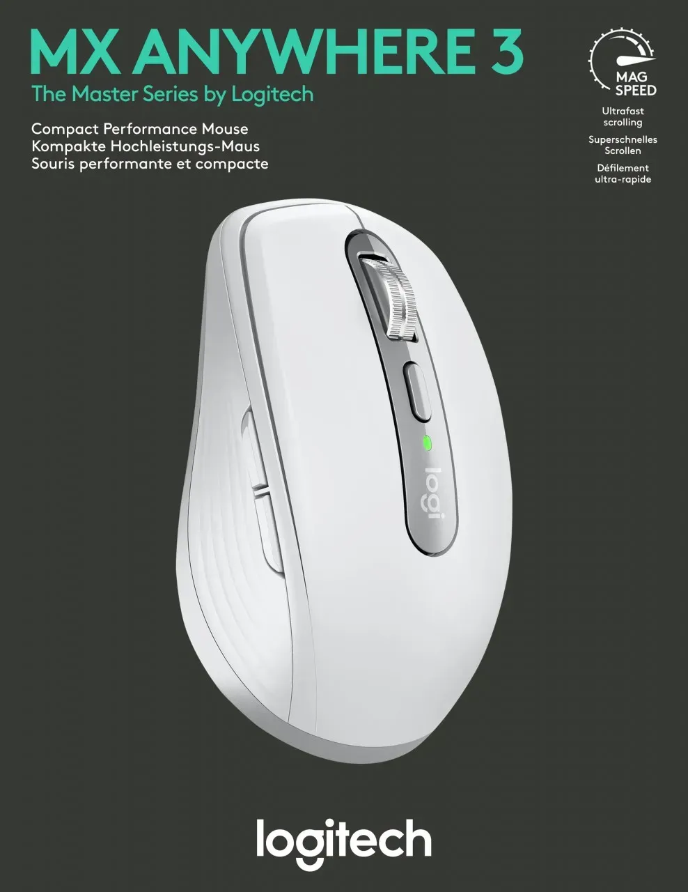 Logitech Maus MX Anywhere 3, Wireless, Unifying, Bluetooth, hellgrau Laser, 200-4000 dpi, 6 Tasten, Akku, Retail