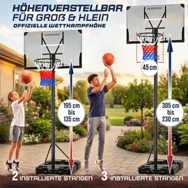 Sportana® Basketballkorb Outdoor höhenverstellbar 135 –305 cm stabil wetterfest mit Ständer 60 kg Sockel Rollen stoßdämpfender Ring Ø45 cm Hoop Kinder Erwachsene