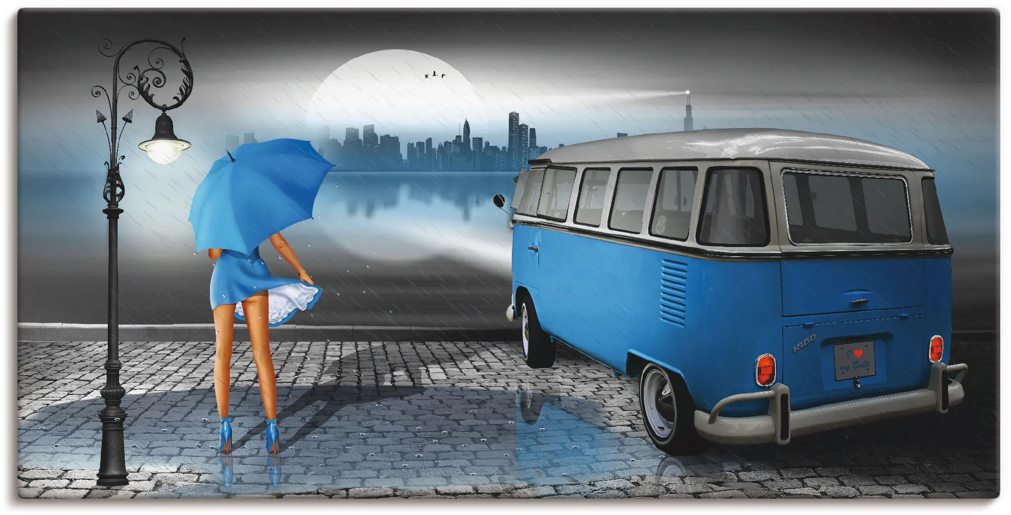 Wandbild ARTLAND "Regennacht in Blau mit Bulli T1" Bilder Gr. B/H: 100 cm x 50 cm, Leinwandbild Auto, 1 St., blau Kunstdrucke