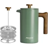 POLIVIAR 7379 Poliviar French Press Kaffeebereiter 1 Liter/8 Tassen, Doppelwandige Isolierte Kaffeekanne und Teebereiter, Handfilter Kaffeepresse mit Plunger & Griff aus Holz, Flatland (Grün) JX2020-FPN-DE