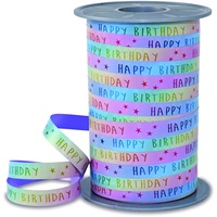PRÄSENT RAINBOW Birthday pastell, 200 m Geschenkband zum Verpacken und Dekorieren, 10 mm Breite, Dekoband in Regenbogenfarben, leicht kräuselbar