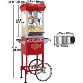 Vevor Popcornmaschine Popcornautomat Popcorngerät mit Wagen 850 W Popcornmaschine 8 oz Kessel für 48 Tassen pro Ladung, Popcornmaschine mit gehärtetem Glas, inkl. 4 Schaufeln, Kino-Stil, rot