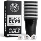 BeerBaller® Black Cups - 25 Schwarze Beer Pong Becher & 3 Bier Pong Bälle | spülmaschinenfest & wiederverwendbar | 473ml - 16oz Partybecher | Bierpong Becher Set | Original American Beerpongbecher