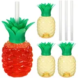 Zerodeko 4er Set Ananas Trinkbecher mit Deckel und Strohhalm - Wiederverwendbare Hawaii Party Becher aus Kunststoff - Gelbe Cocktailgläser für Strand Strandparty Grillfest Deko