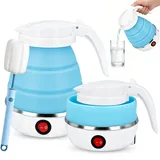 Faltbarer Wasserkocher 600ml Reisewasserkocher, Reise Silikon Tragbarer Wasserkessel mit 1 Klappbürste, Mini Elektrischer Silikon Wasserkessel für Camping, Küche Reise Camping Outdoor