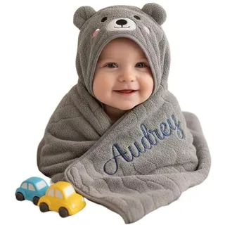 Keruidian Personalisiertes Baby-Kapuzenhandtuch, individueller Name, Geschenk für Neugeborene, reine Baumwolle, Kapuzenhandtuch für Babyparty, Kinder-Pool-Handtuch (105 x 105 cm)