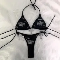 Stilvolles Y2K Bikini-Set mit hängendem Hals, einfarbige Bademode für Damen, entworfen für Frühling und Sommer (M Schwarz)