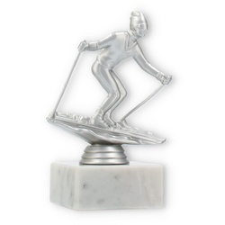 Pokal Kunststofffigur Ski Slalom silbermetallic auf weißem Marmorsockel 14,0cm
