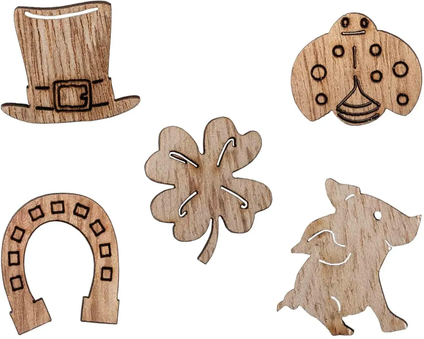 Glücksbringer aus Holz, natur, 5 Motive gemischt, 2.5 cm, 100 Stk.