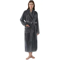 Joyaria Bademantel Damen Winter Flanell Lang Morgenmantel Fleece Warm und Weich Saunamantel und Gürtel Microfaser(Grau,L) - L