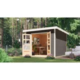 Karibu Metall-Holzgartenhaus Hybridhaus Pluto B - 28mm-271 x 271 cm- Holz-Ausführung: terragrau Blech-Ausführung: weiß 271 x 271 cm