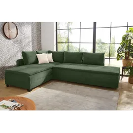 luma-home Ecksofa-Dauerschläfer, Doppelbett 306/223/95 cm Boxspring Federkern Ecksofa 306x223 Dauerschläfer, Bettkasten, Nachtkonsole, Schwenkteil beidseitig montierbar, Cord Grün / 15164