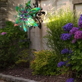 GLOBO Gartendeko Windrad LED Solarleuchte, Glaskugel, bunt Außenlampe Erdspieß, Metall kupferfarben, Bruchglas, warmweiß, 2er Set