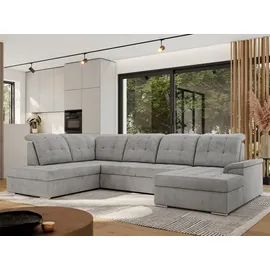 MKS Meble Ecksofa Wohnlandschaft U-Form, Sofa mit Schlaffunktion, Schlafsofa mit bettkasten, Couch mit Schlaffunktion - Hellgrau Velvet - Madrito U... - Hellgrau