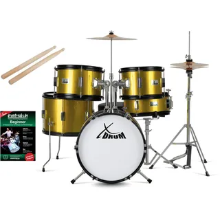 XDrum Kinderschlagzeug Junior Pro,Komplettes Drumset, Inkl. Drumsticks, Fußmaschine & Schlagzeughocker, Kesselgrößen: Bass Drum 16", Snare Drum 12", Zwei Tomtoms 10" & 11" goldfarben