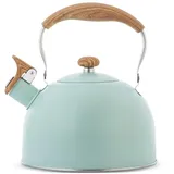 Flötenkessel Wasserkessel, 2,5L Edelstahl Pfeifkessel mit Holzgriff Wasserkessel Camping Whistling Teekessel Induktion Pfeifender Kessel für Küche Outdoor Gasherd Kaminofen Holzofen (grün)