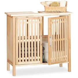 Relaxdays Waschbeckenunterschrank stehend, kleiner Unterschrank aus Walnuss, Badschrank mit Siphon-Ausschnitt, natur