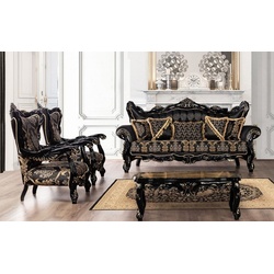 Casa Padrino Luxus Barock Wohnzimmer Set Schwarz / Gold - 2 Sofas mit Muster & 2 Sessel mit Muster & 1 Couchtisch - Prunkvolle Barock Wohnzimmer Möbel