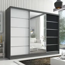 mebloland Schwebetürenschrank Aurelia 1 , 3-türig Schrank 200 cm mit Spiegel - schwarz / weiß