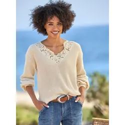 Strickpullover HEINE "Pullover", Damen, Gr. 38, beige (sand, ecru, meliert), 100% Baumwolle, Spitze:15% Baumwolle, 15% Viskose, 70% Polyamid, unifarben, Langarm, Pullover