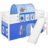 Spielbett JELLE 90 x 200 cm Pirat Blau - Hochbett LILOKIDS - Weiß - mit schräger Rutsche und Vorhang - Weiß/Blau